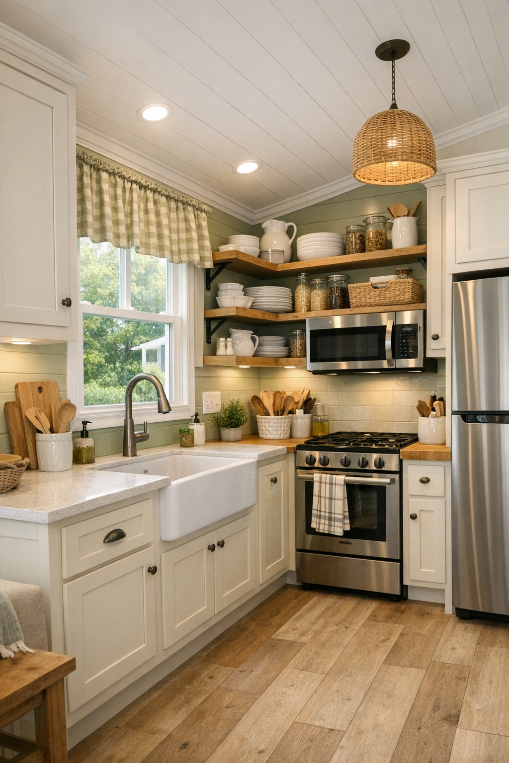 Cottage kitchen with light cabinets, wood counters, and sage green details