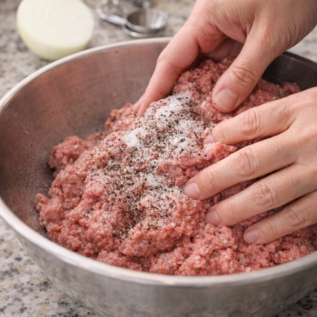Seasoned ground beef being mixed in a bowl