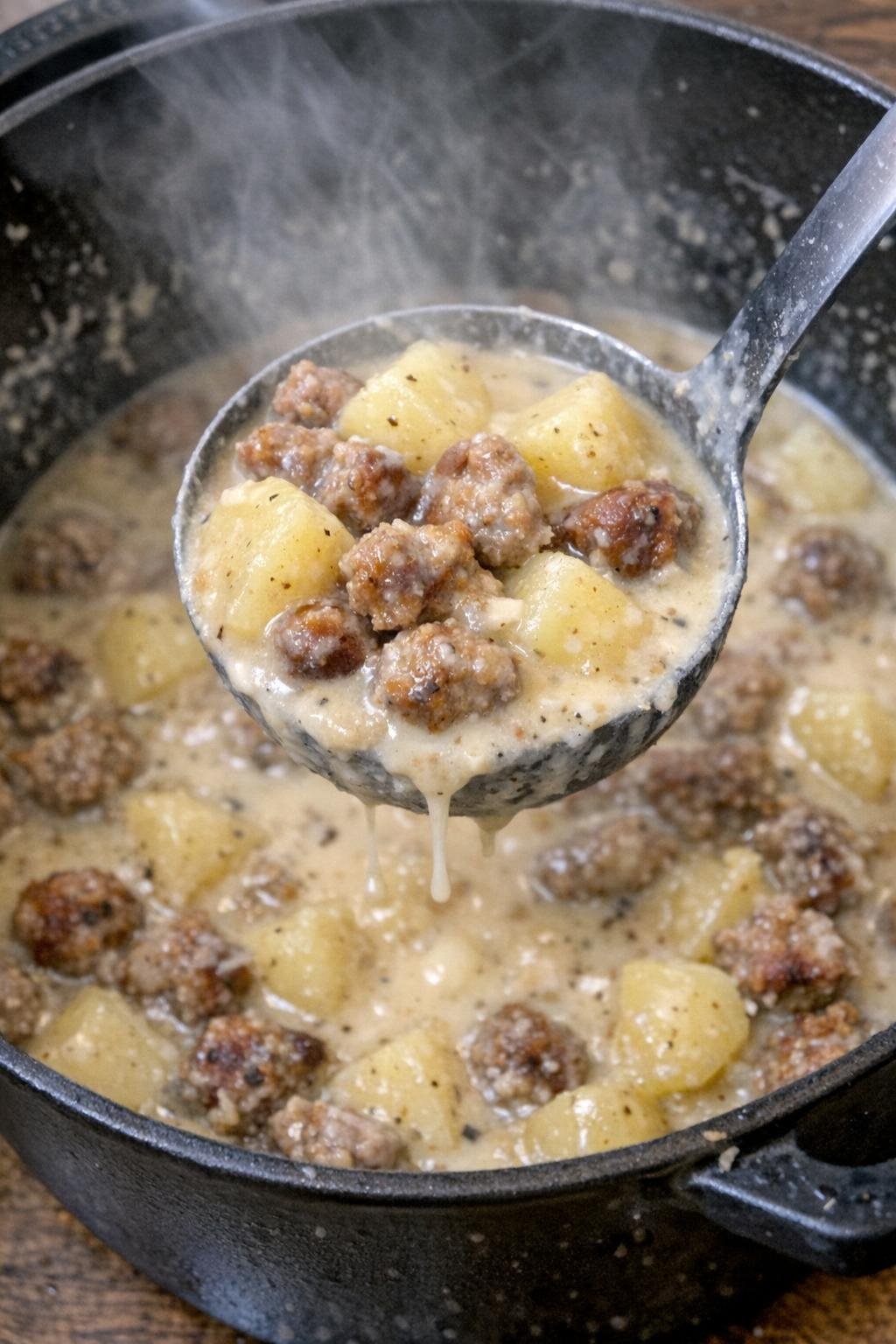 Hearty sausage and potato pot with creamy broth