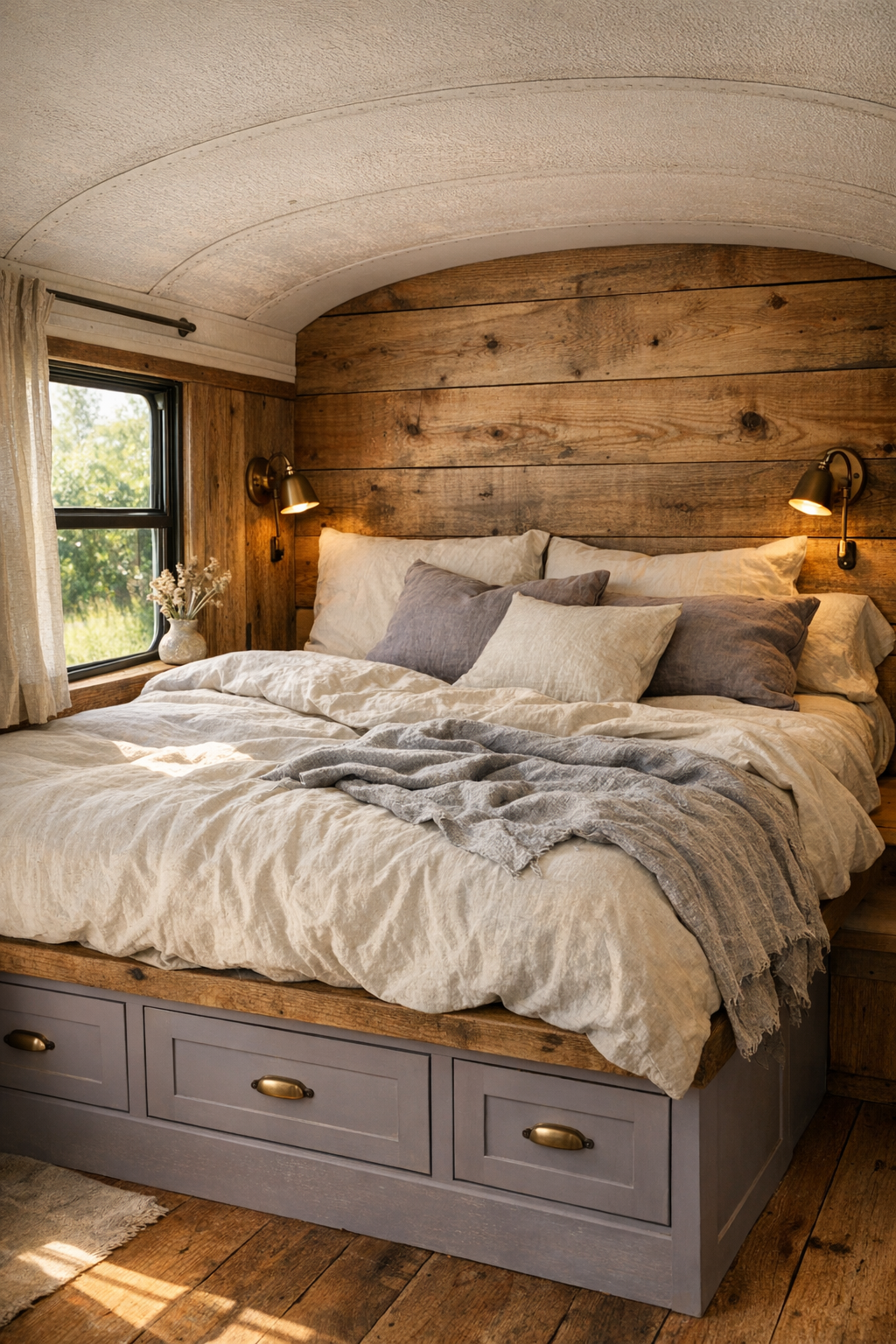 Quiet bedroom nook with raised bed, linen bedding, and cypress walls inside the bus