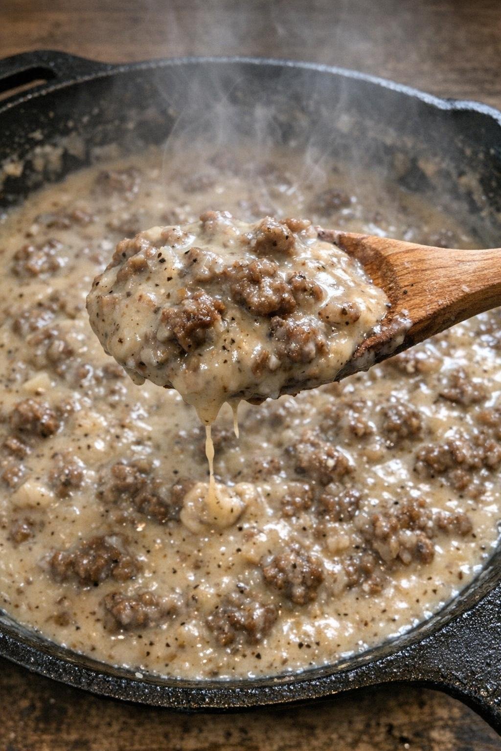 Thick beef gravy in a cast iron skillet