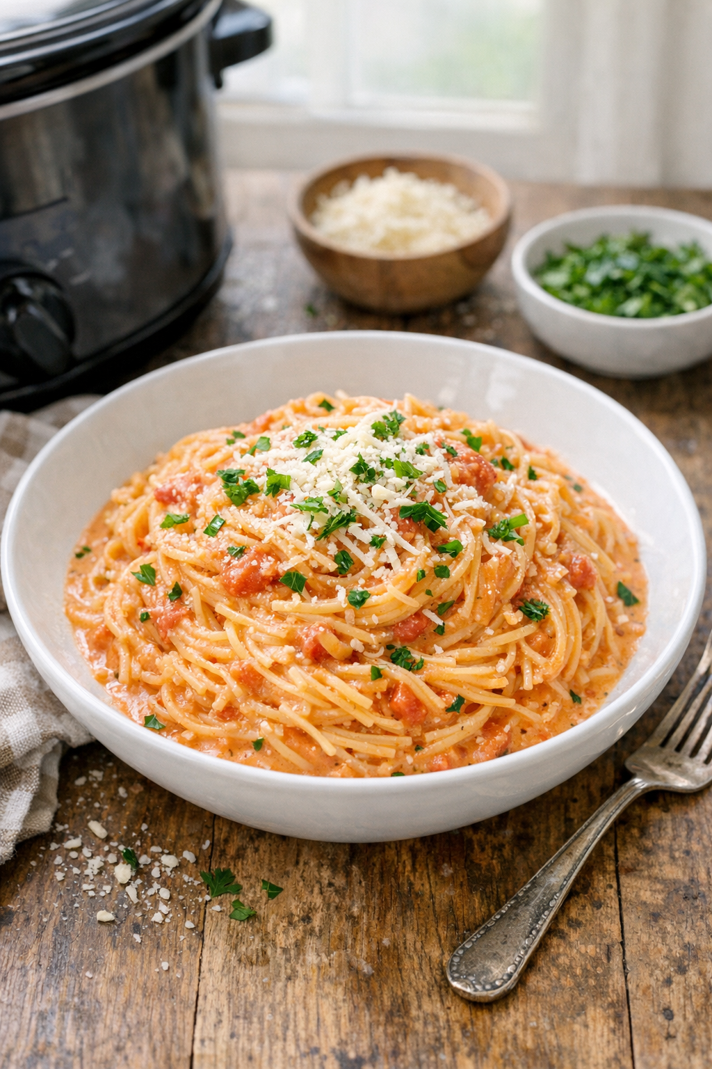Finished creamy angel hair pasta plated in a bowl