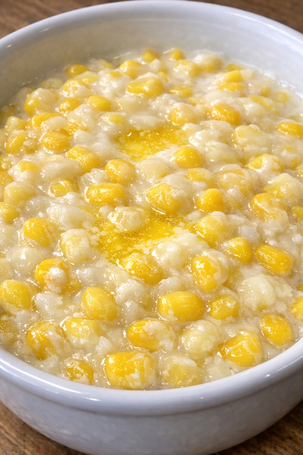 Close-up of 4-ingredient creamed corn in a white ceramic serving bowl