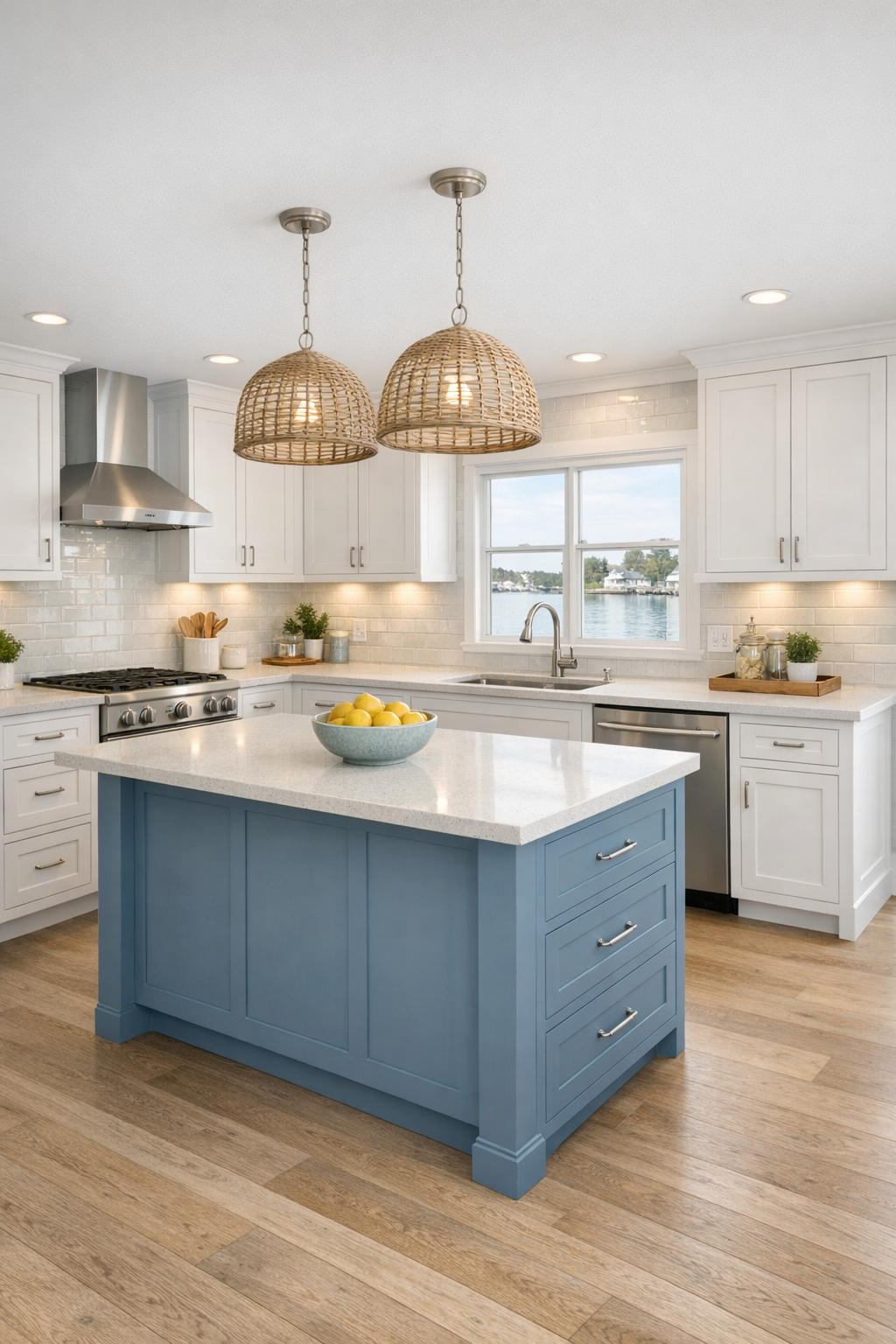 Accessible coastal kitchen with white shaker cabinets and blue island
