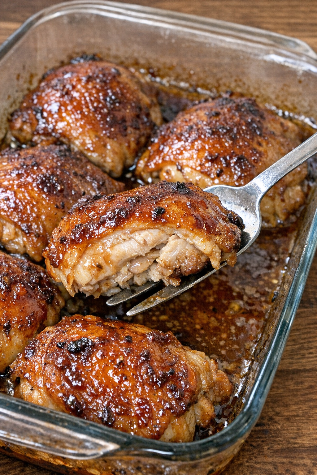 Glazed chicken thighs in a rectangular baking dish