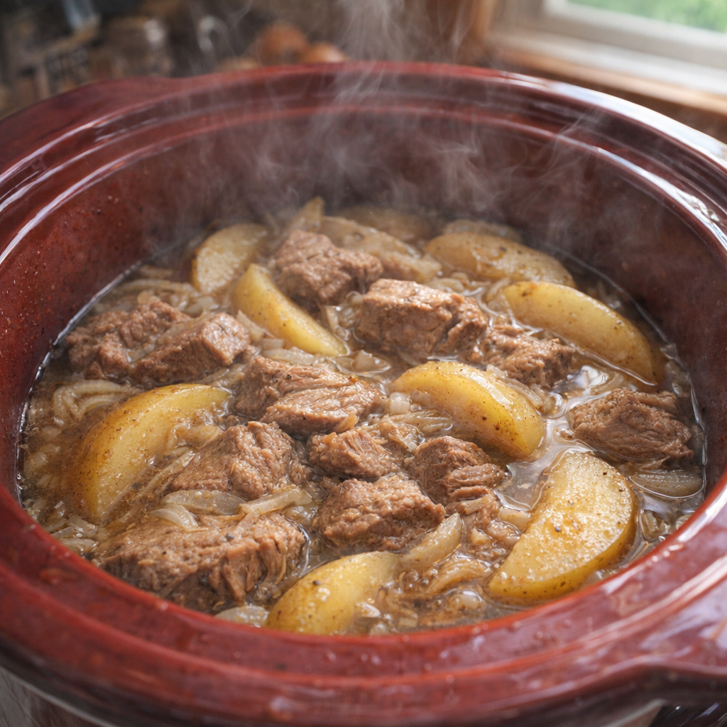 Slow cooker with finished pork and potatoes just opened