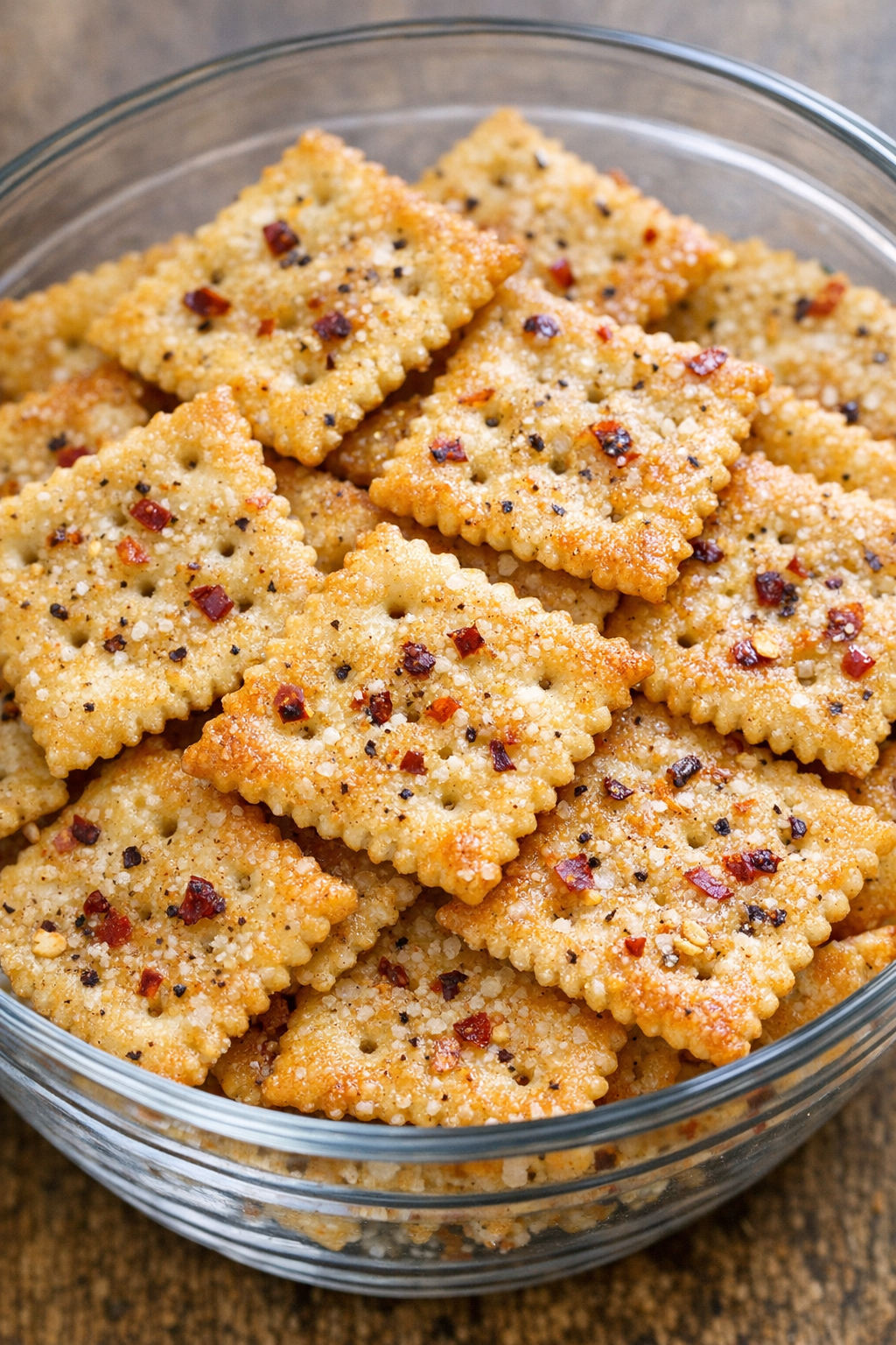 Southern spicy saltines in a glass bowl
