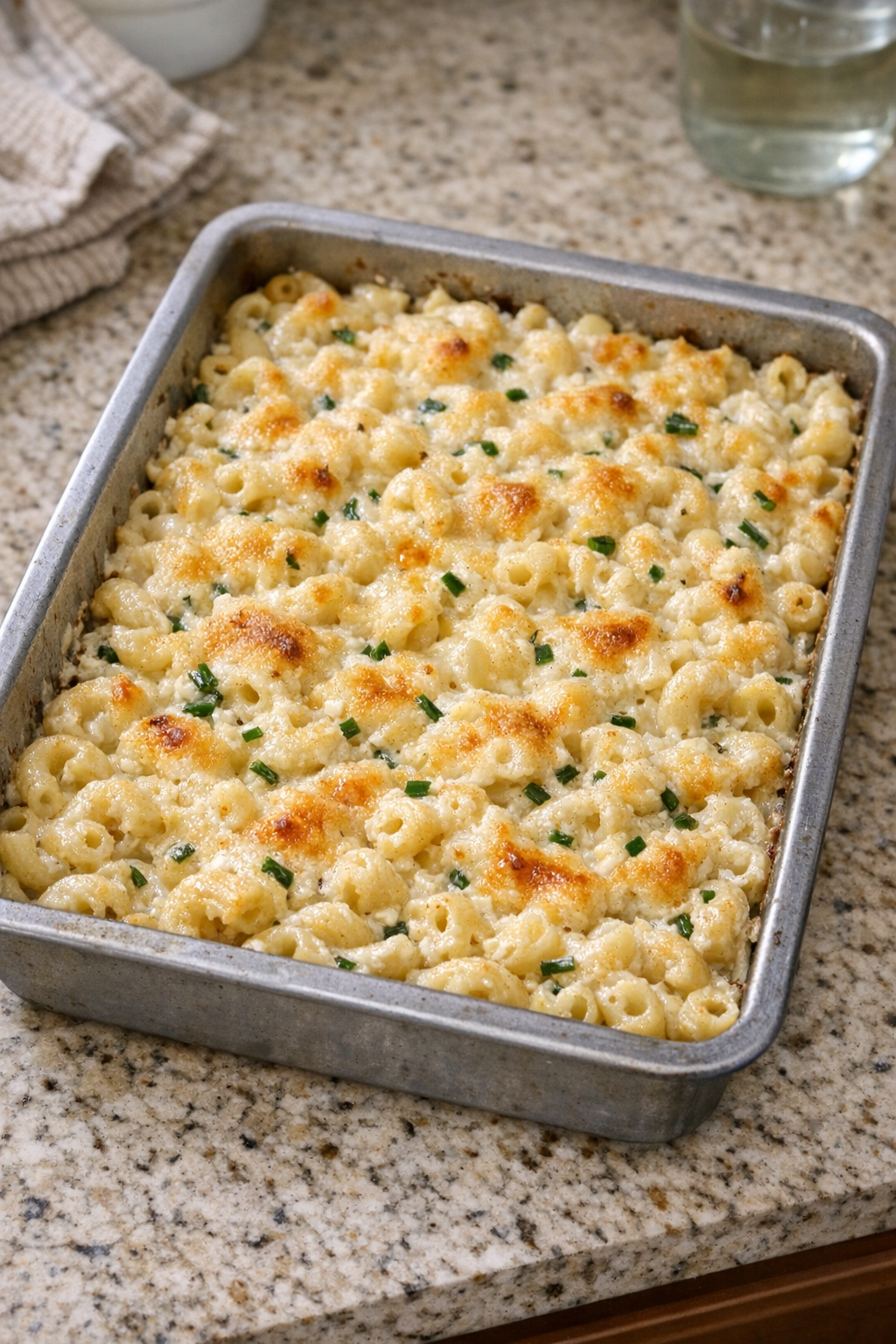 Finished baked cream cheese chive macaroni in a casserole dish