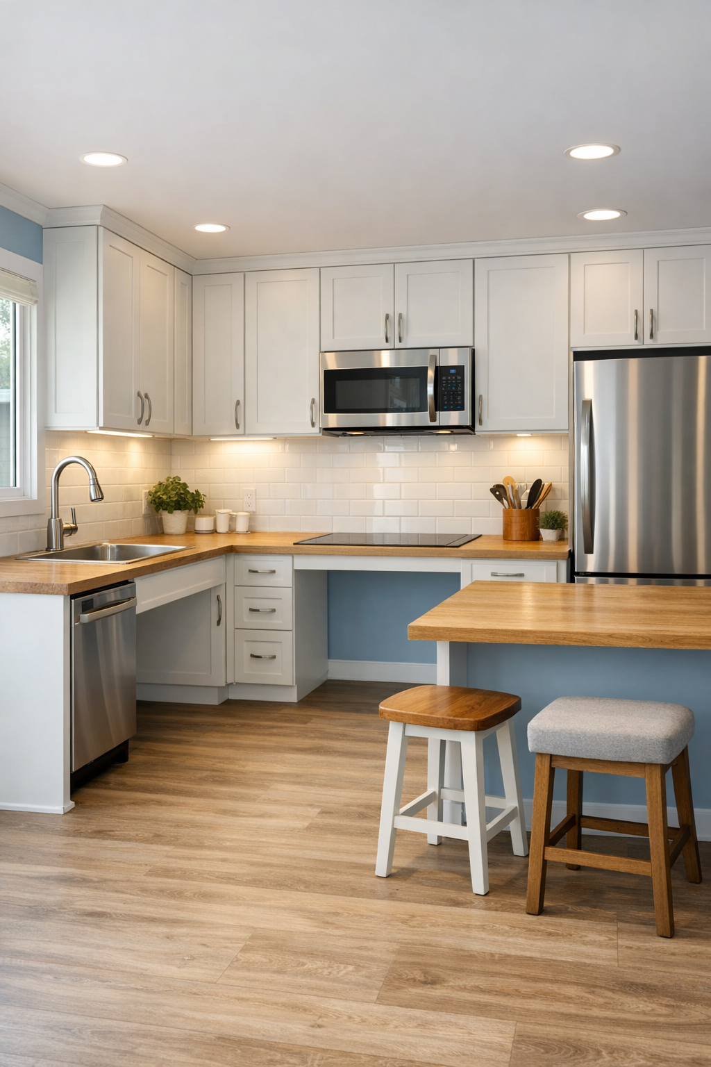 Modern accessible kitchen with pale cabinets and warm counters