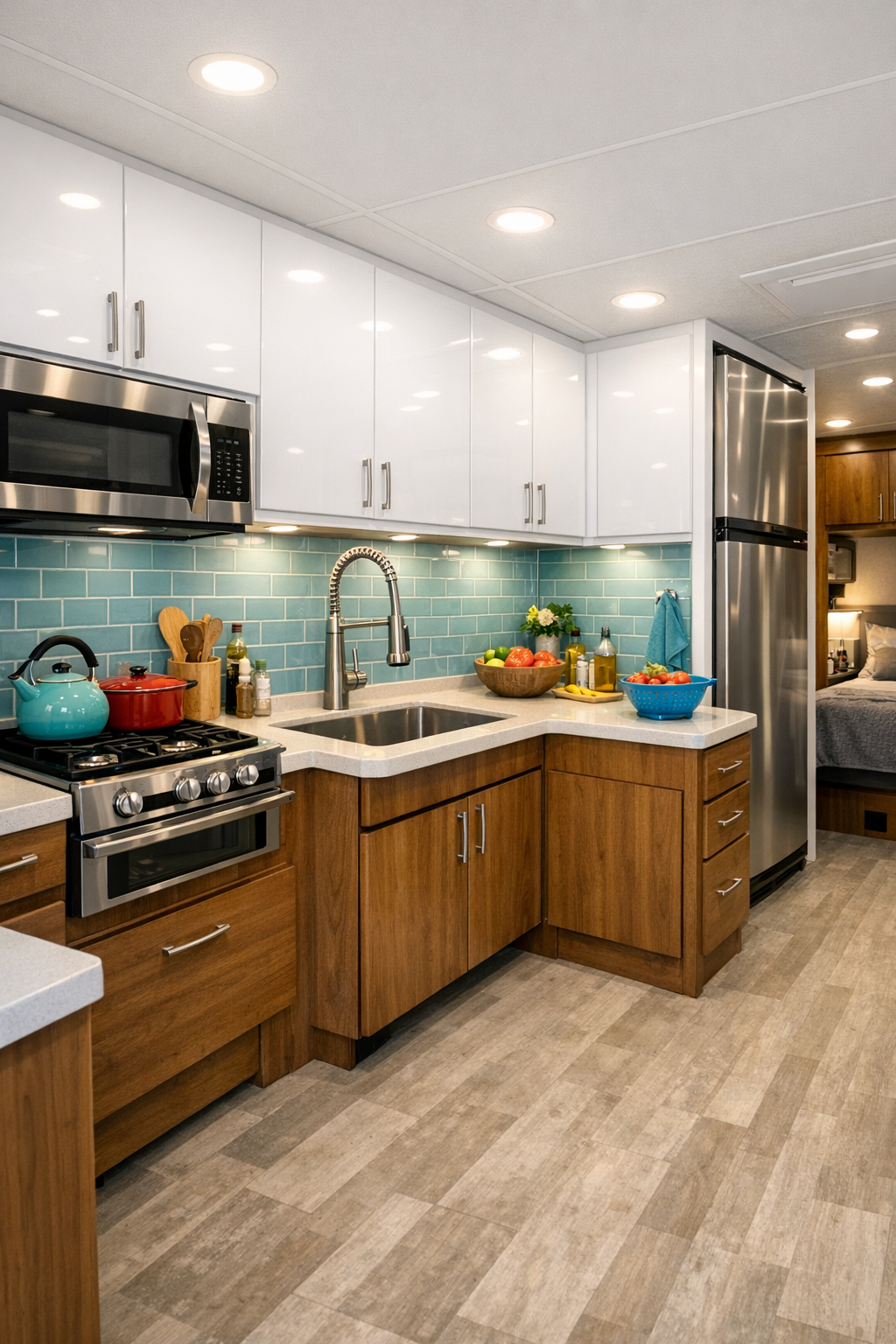Modern accessible RV kitchen with glossy white cabinets, pale counters, and warm wood accents