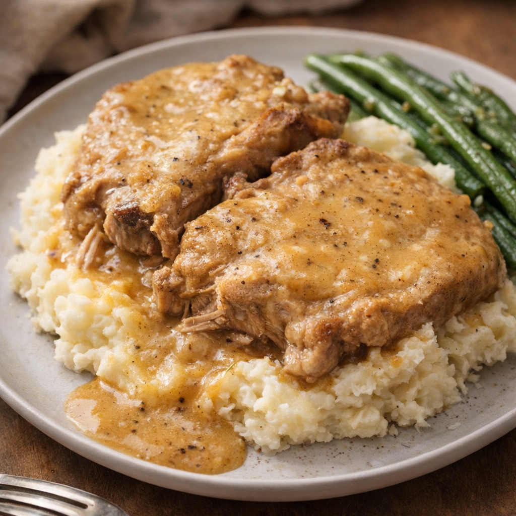 Slow cooker pork chops with gravy served over mashed potatoes