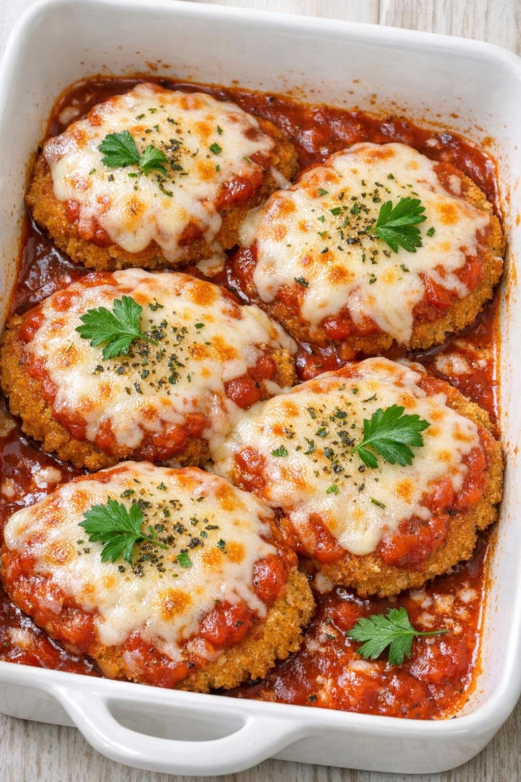 Baked breaded chicken patties with sauce and melted cheese