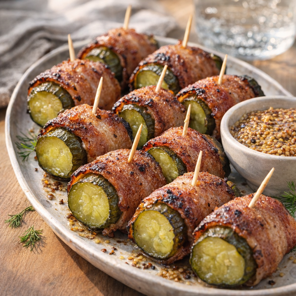 Pickle bacon bites served on a platter with mustard dip