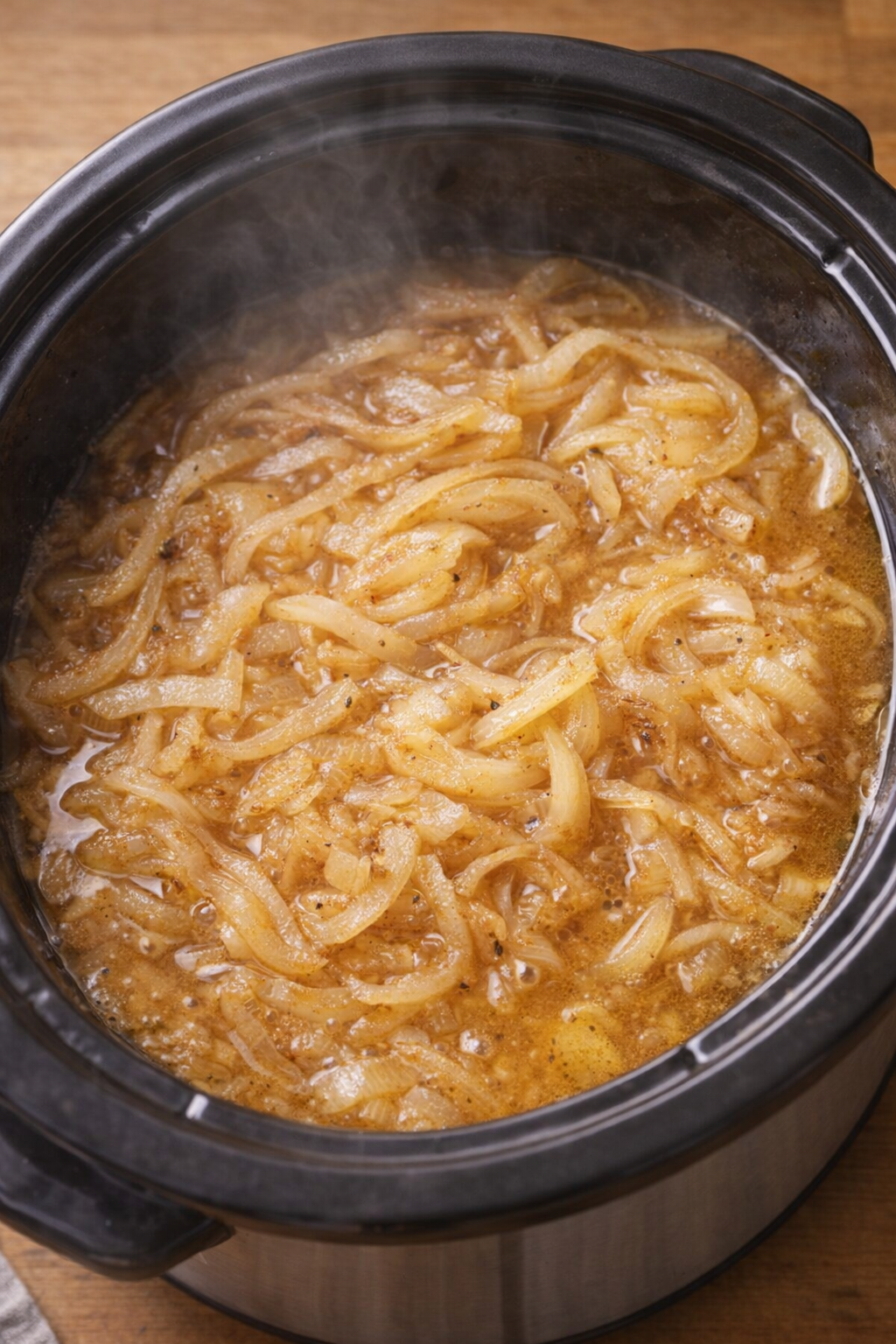 Slow cooker onions turning golden and soft