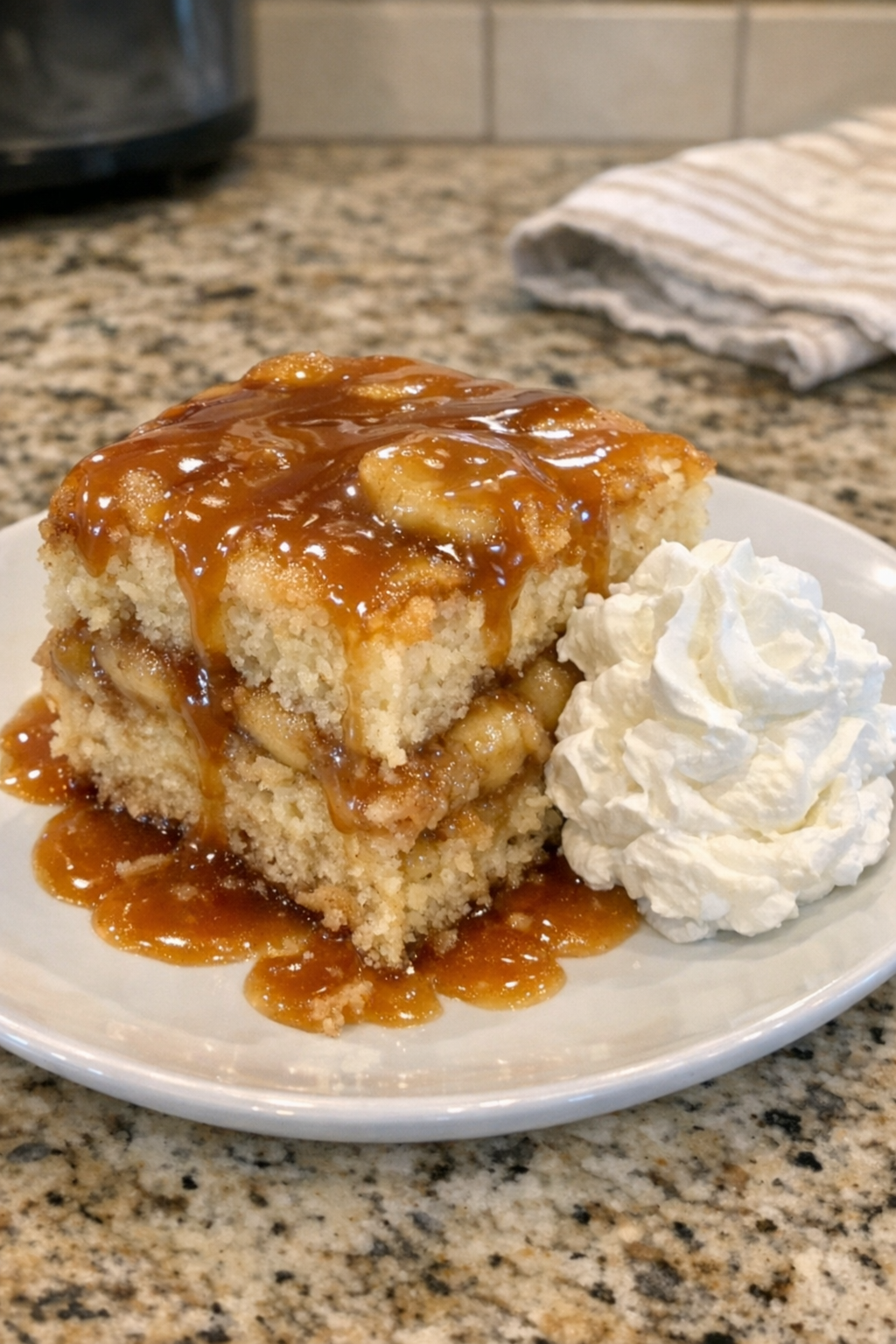 Finished bananas foster cake plated with caramel drizzle and whipped cream