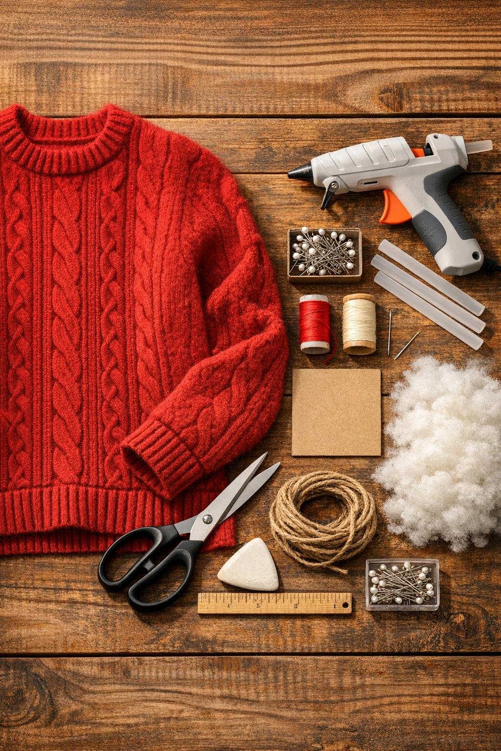 Old sweater and ornament-making materials laid out on a table
