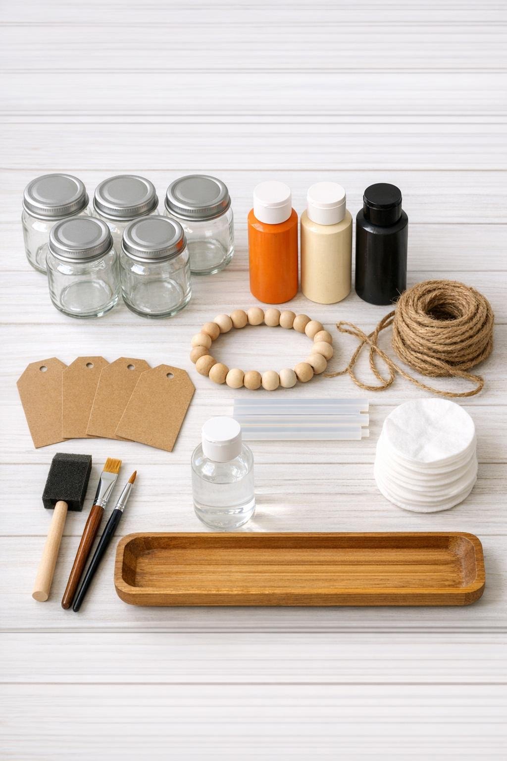 Baby food jars and craft supplies laid out for a fall pantry storage project