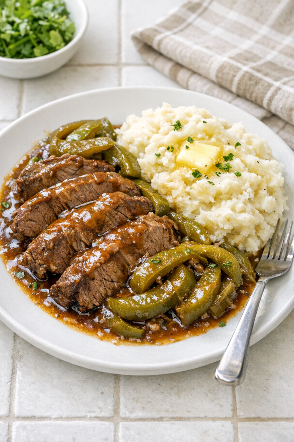 Finished Amish bell pepper beef plated for dinner