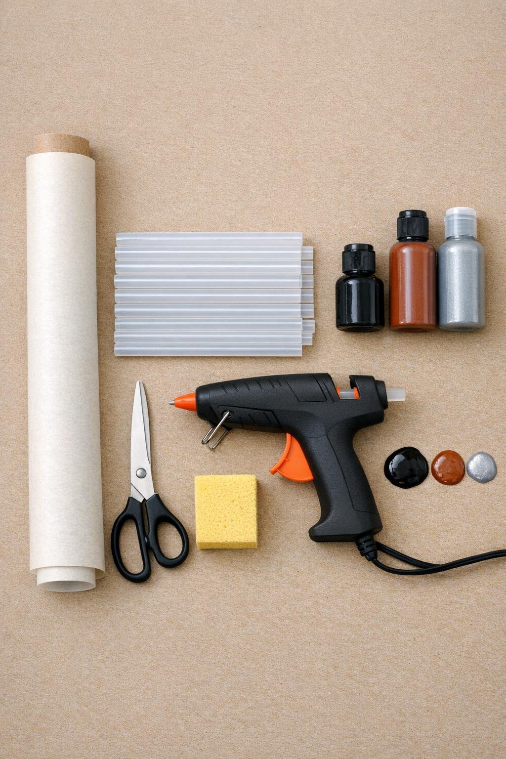 Materials for making a faux rusty haunted chain garland laid out on a craft table