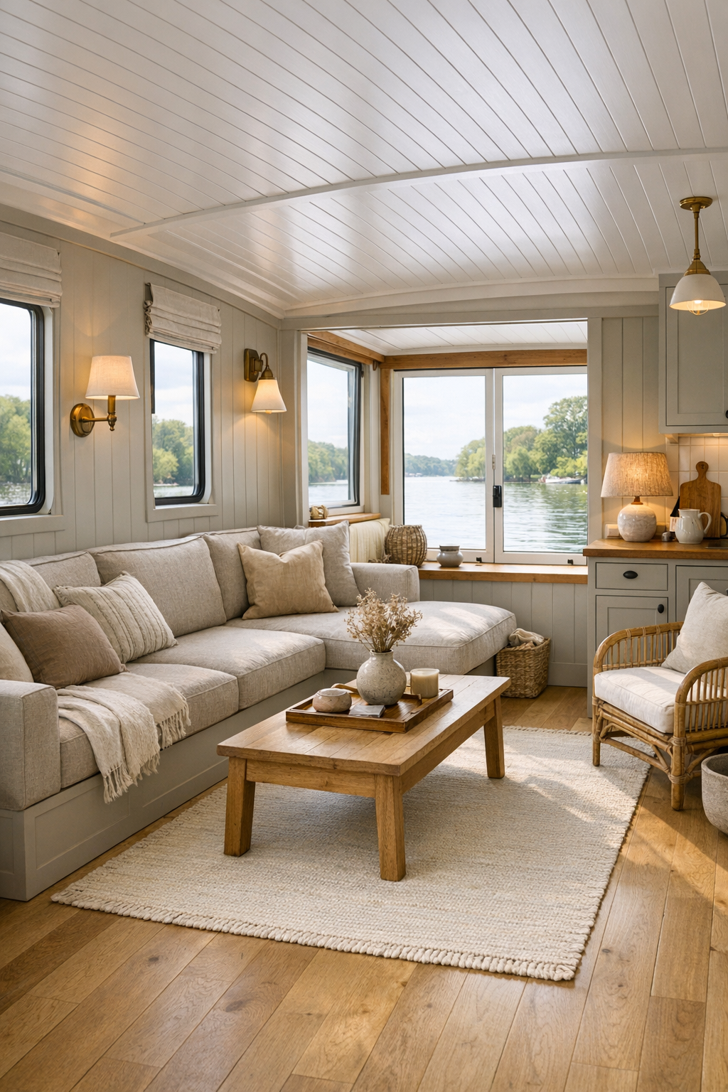 Accessible shaker style living room with built-in seating and pale oak floors