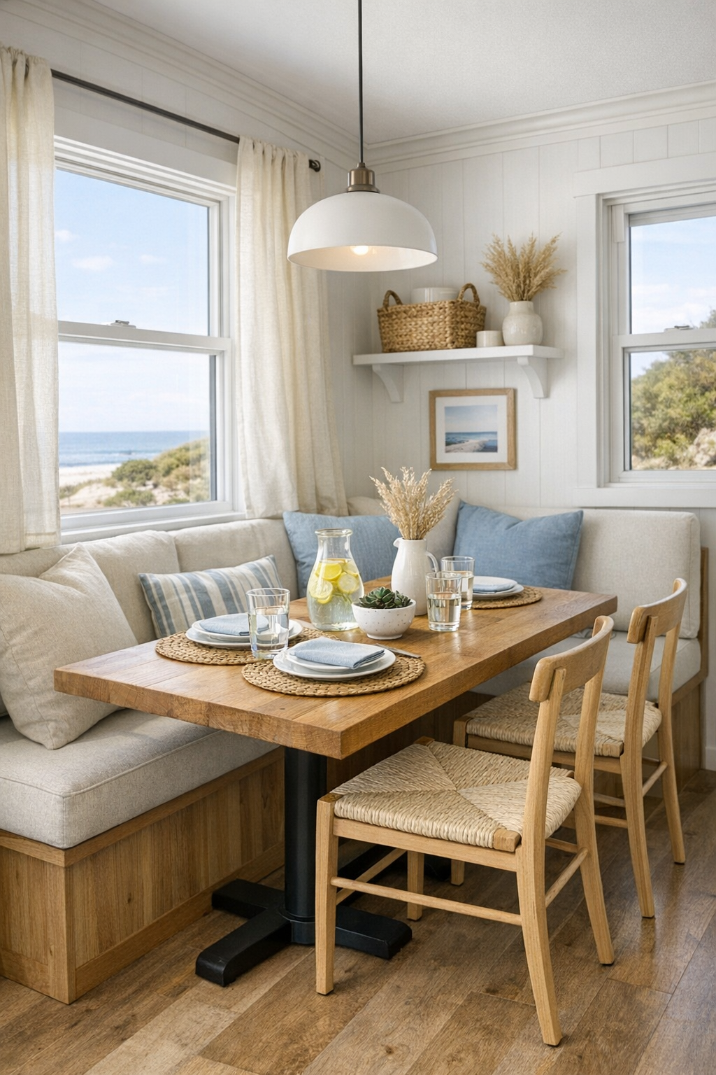 Coastal dining nook with a wood table, built-in seating, and soft blue accents