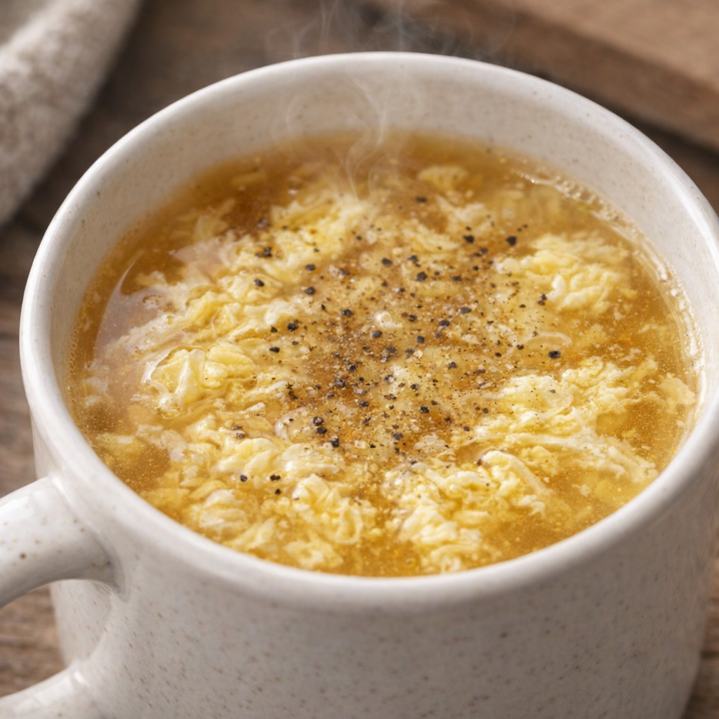 Finished egg soup in a mug with black pepper on top