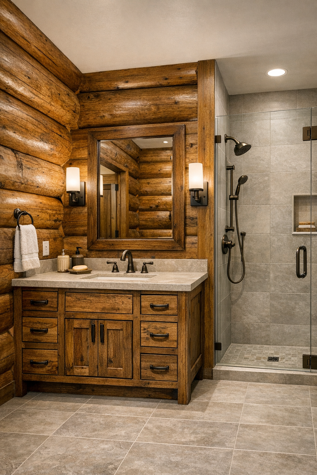 Warm rustic bathroom with a handcrafted wood vanity and soft stone finishes