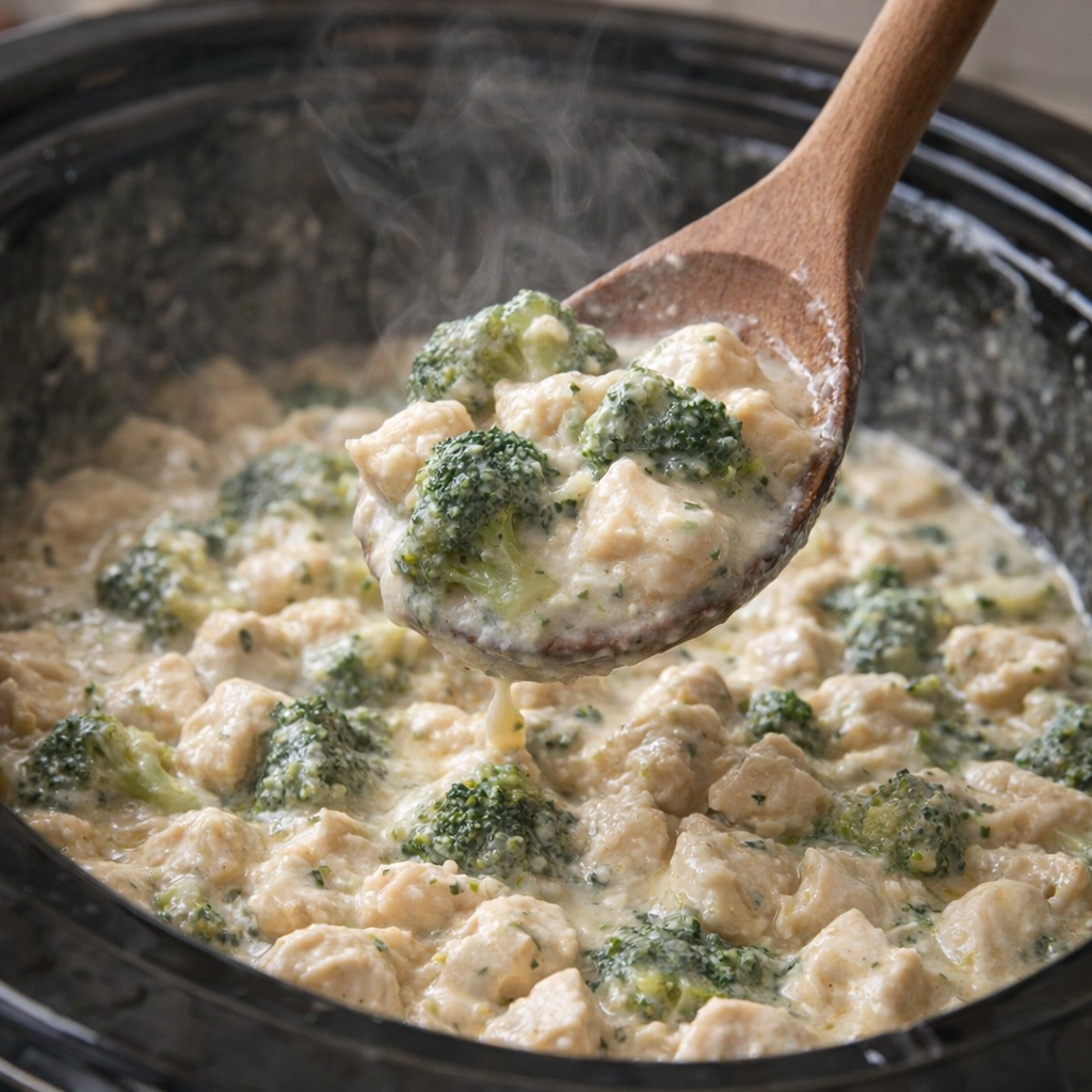 Creamy chicken and broccoli mixture stirred in the slow cooker