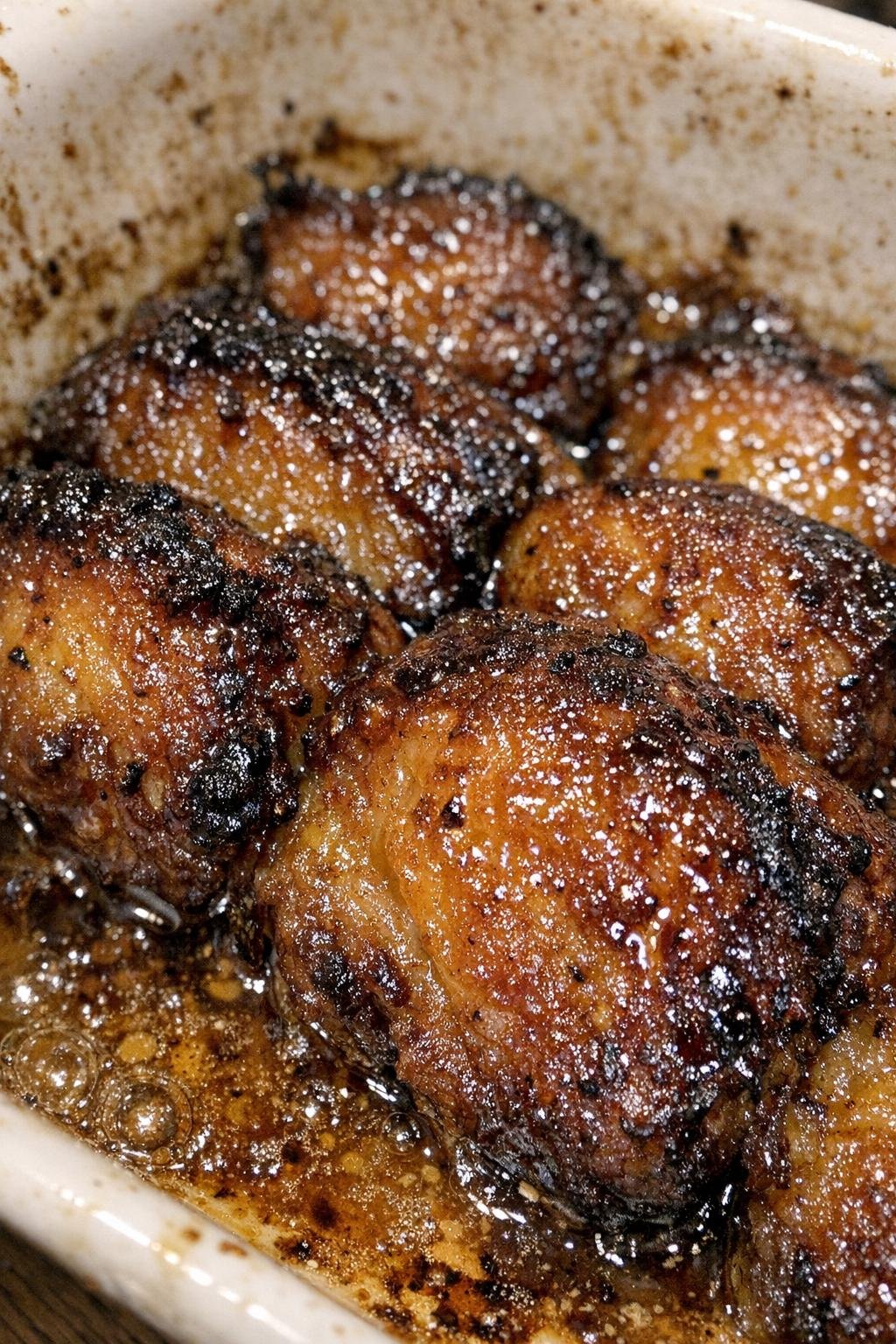 Roasted glazed dish in a ceramic baking pan