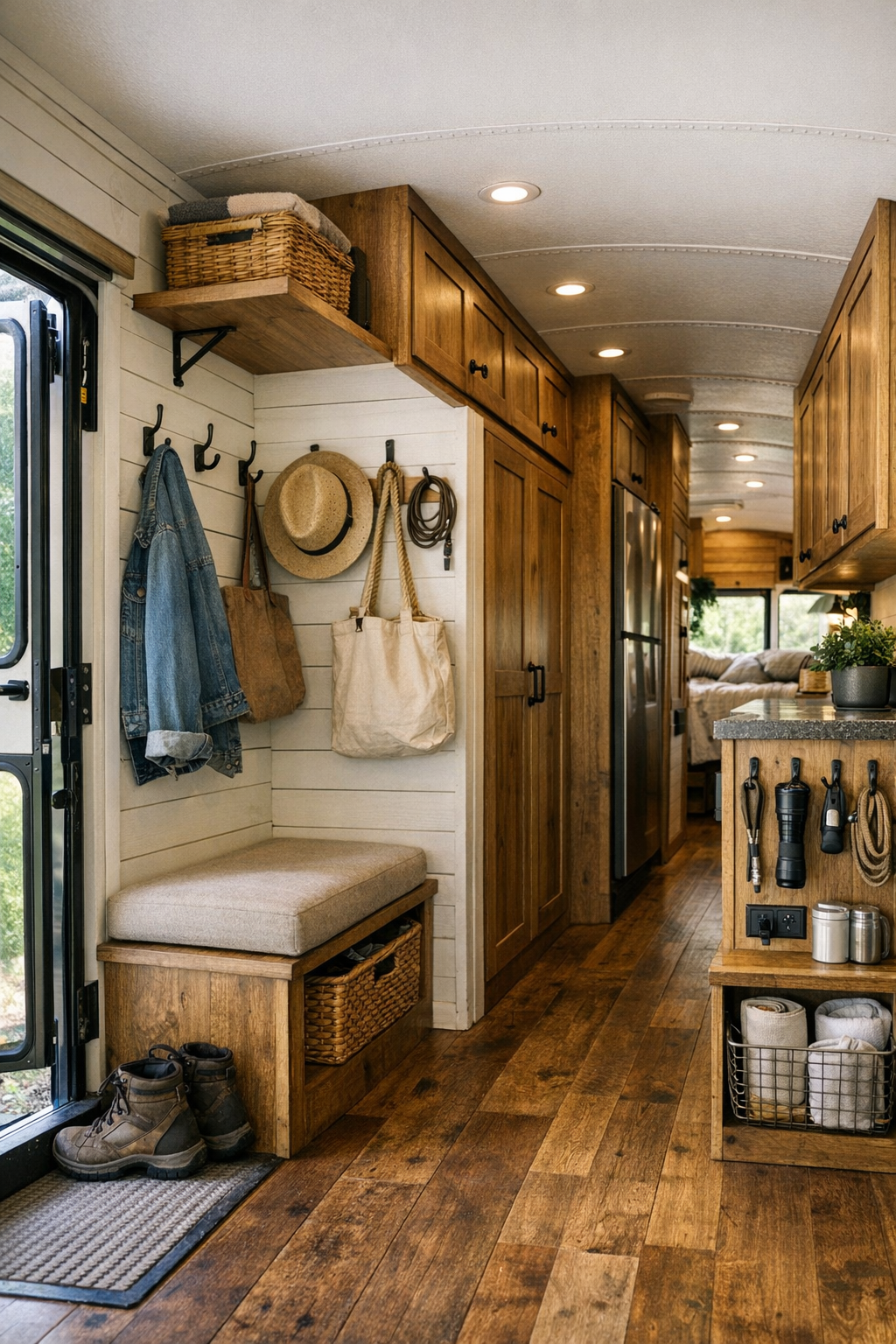 Functional hallway and entry area in a converted bus with built-in storage and rustic details