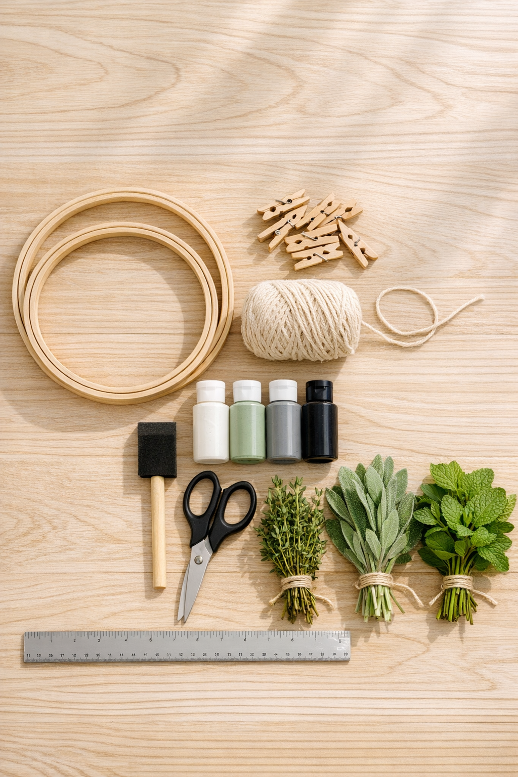 Materials for a painted embroidery hoop herb drying rack laid out on a table