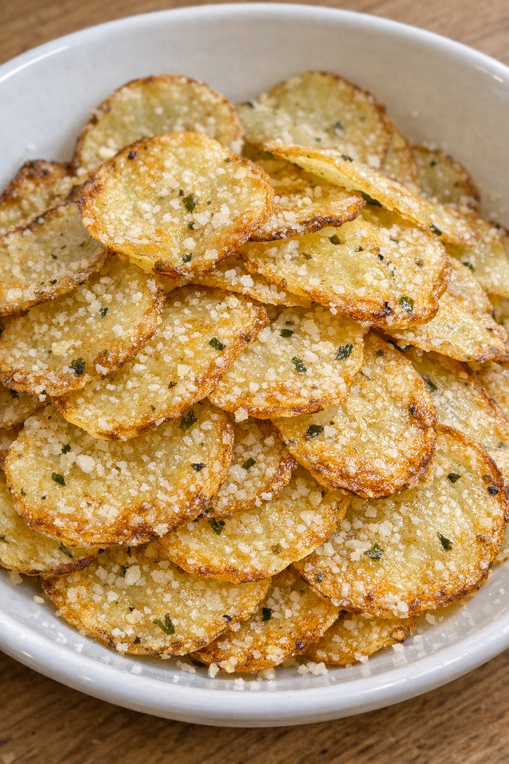 Golden garlic parmesan potato crisps in a white bowl