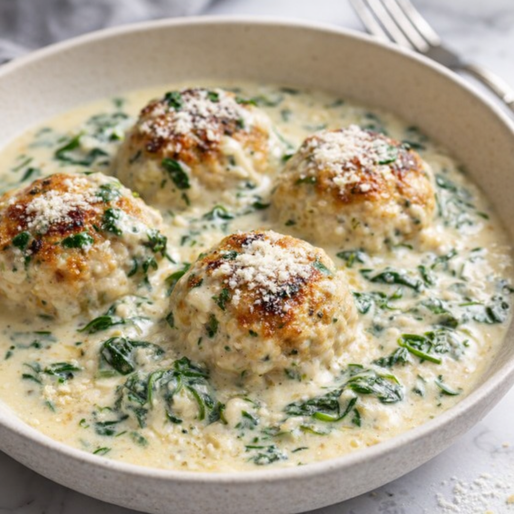 Baked chicken ricotta meatballs covered in spinach Alfredo sauce