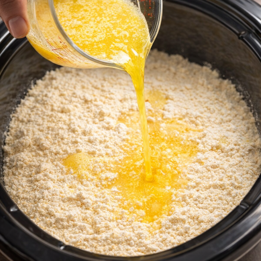 Melted butter drizzled over cake mix in the slow cooker