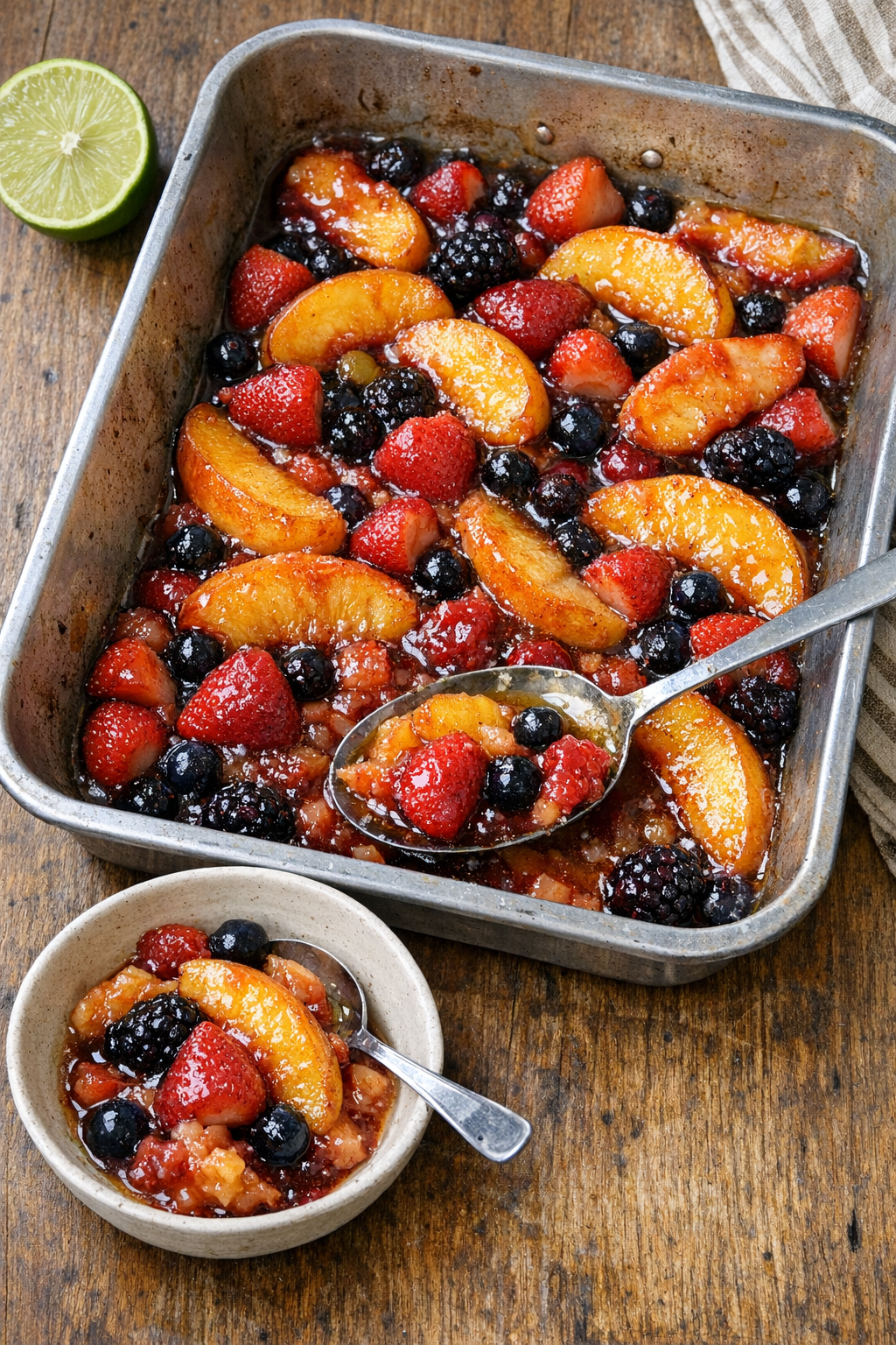 Warm baked summer fruit dessert in a roasting pan