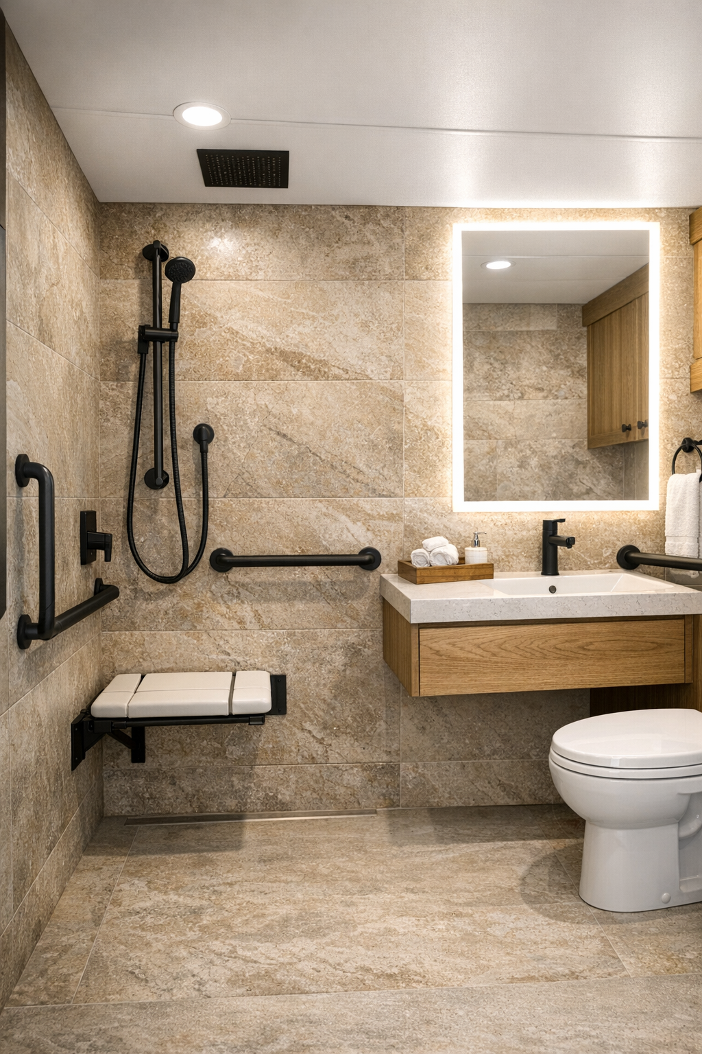 Accessible RV bathroom with curbless shower and oak vanity