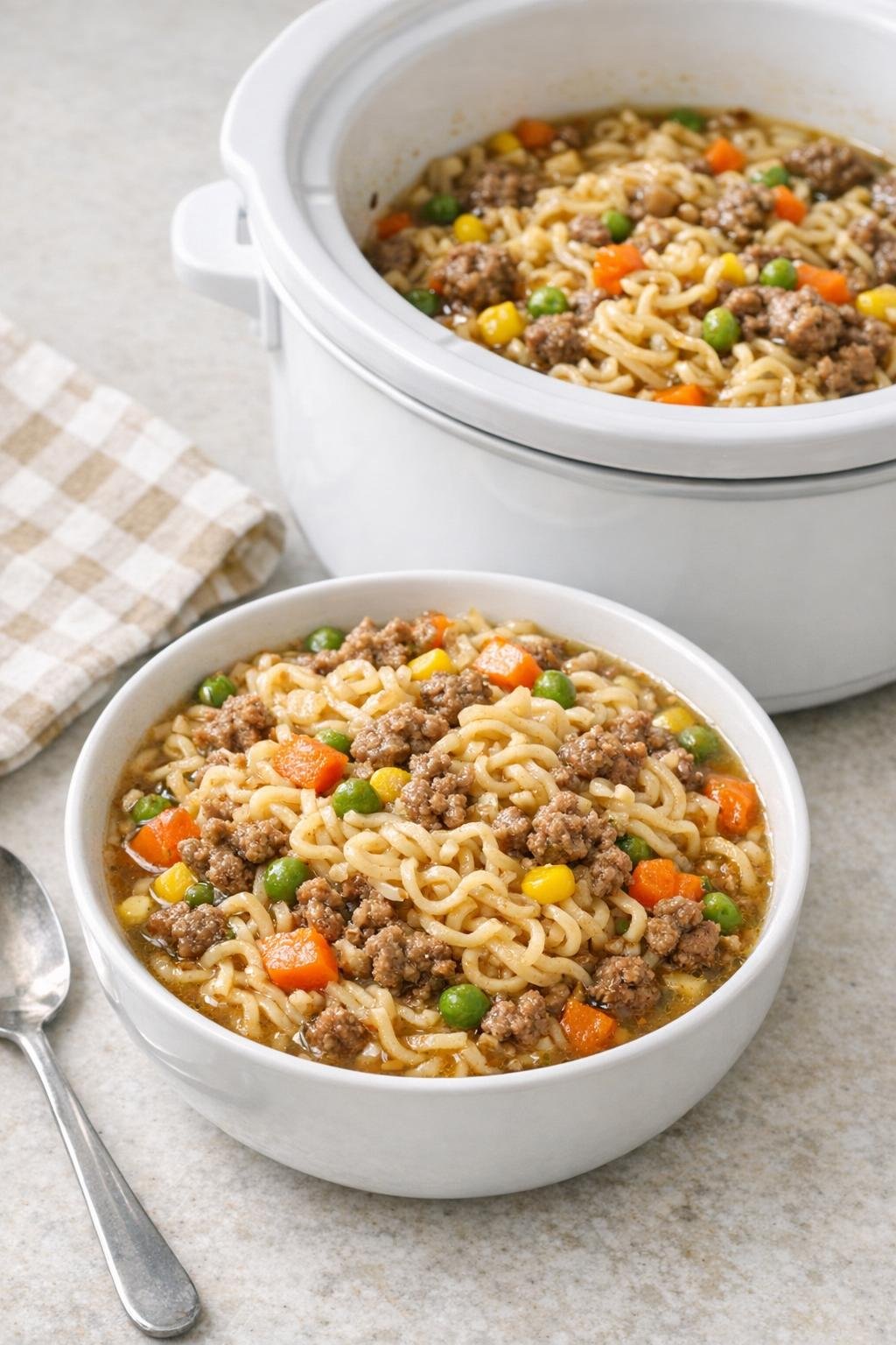 Finished beef ramen casserole in a bowl
