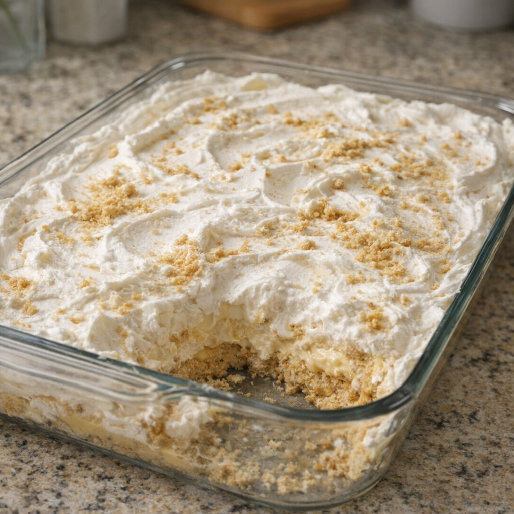 Pan of butterscotch lush in a home kitchen