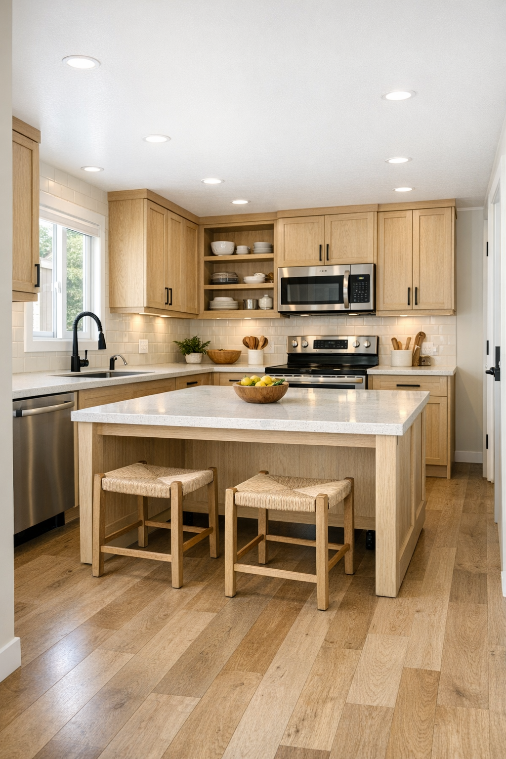 Accessible kitchen with oat cabinetry, pale quartz counters, and a spacious island
