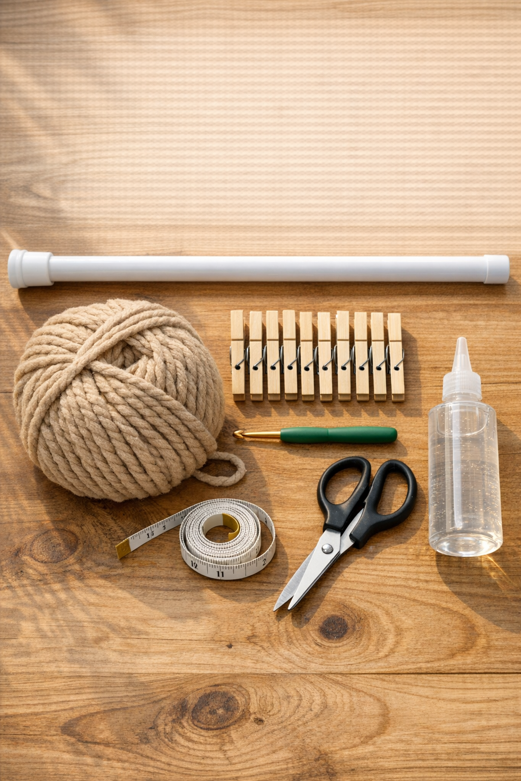Materials for a yarn-wrapped flip flop rack laid out on a table