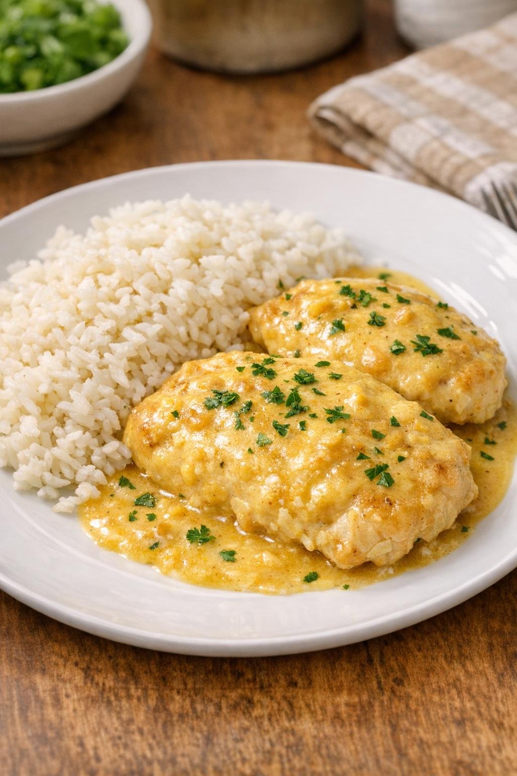 Finished Harvest Moon Chicken plated with creamy sauce