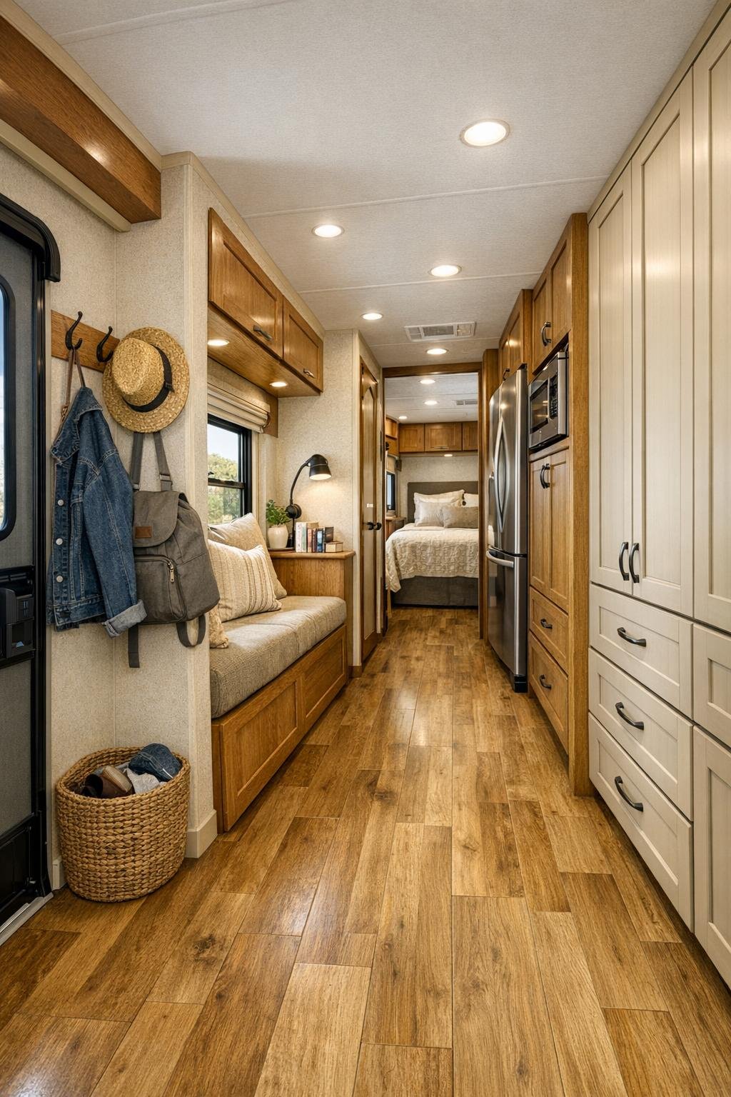 RV camper hallway and built-in storage with light flooring and simple family-friendly details