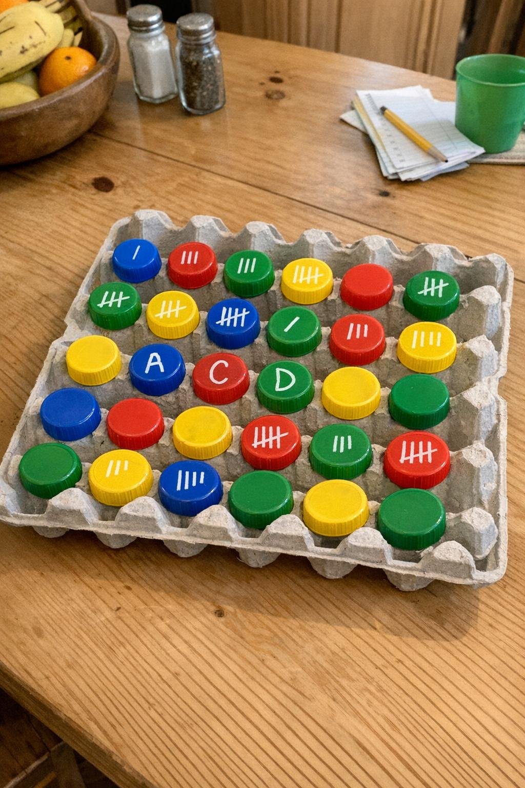 Alphabet and counting bottle caps in an egg carton