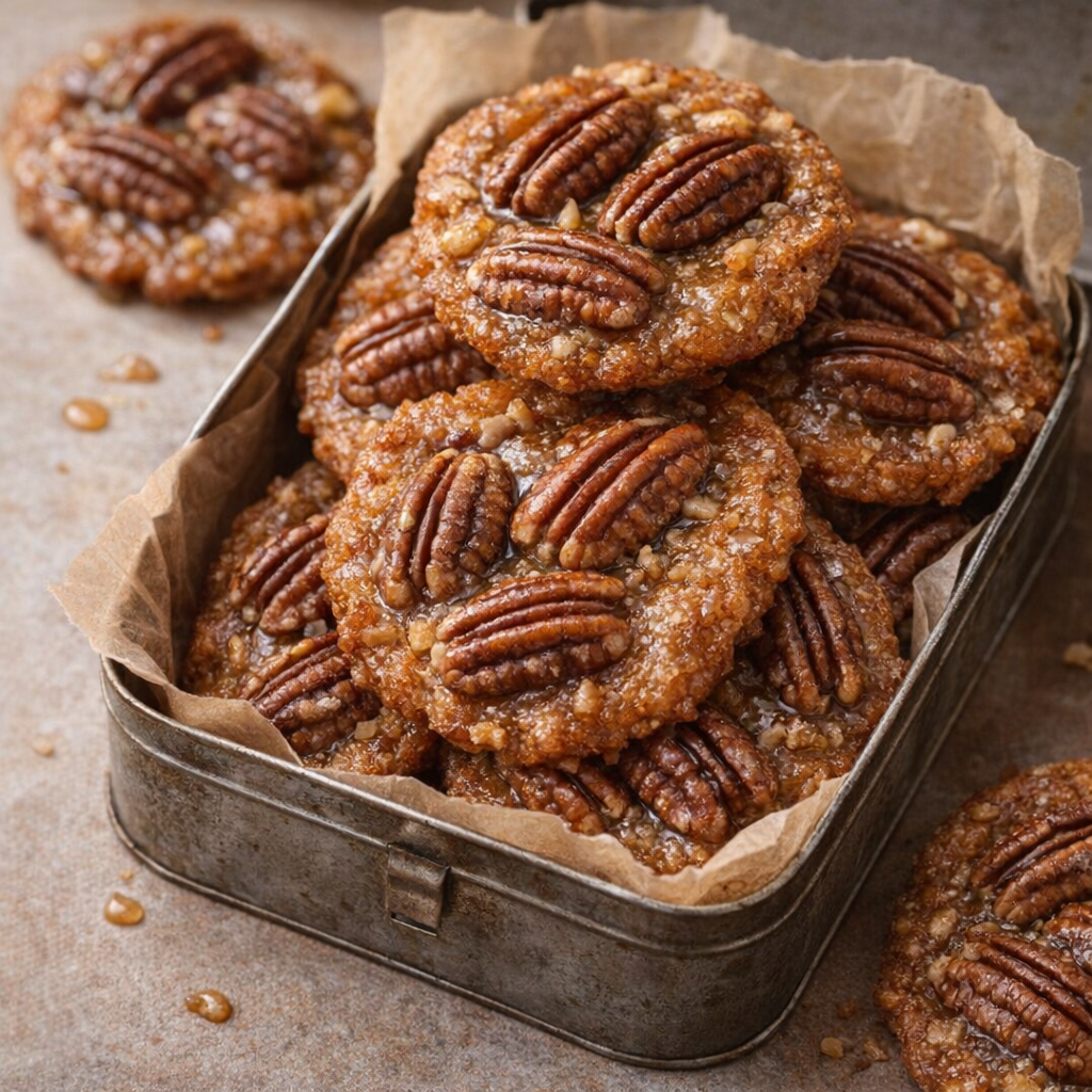Pecan pralines stored in a parchment-lined tin