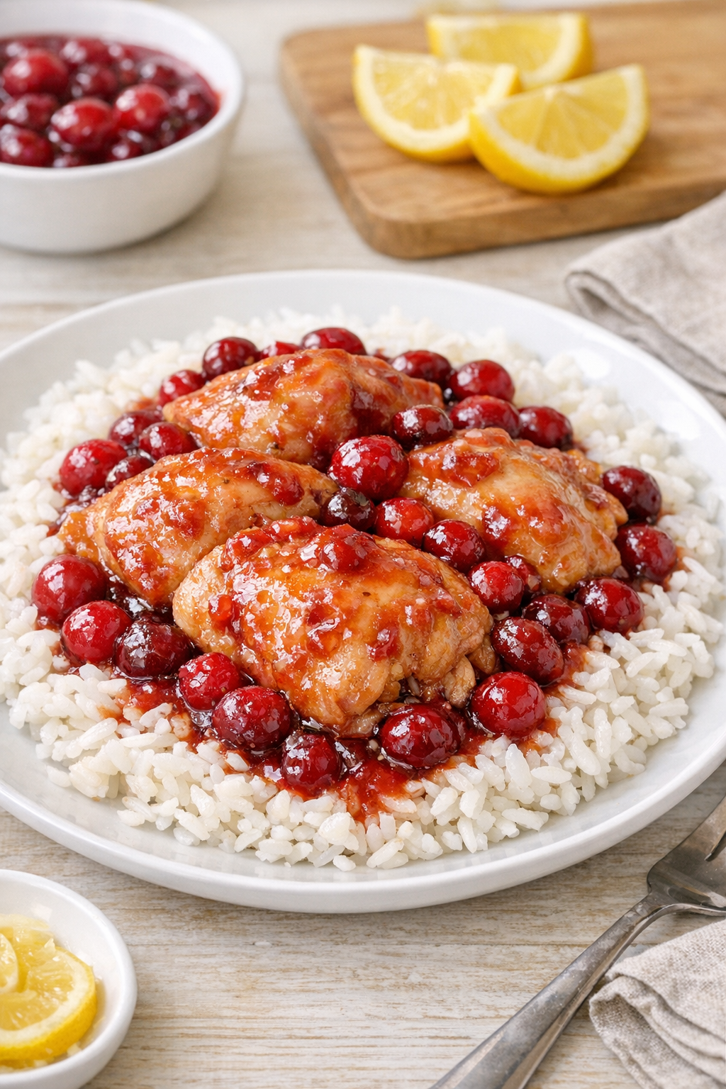 Finished cranberry lemonade chicken plated for serving