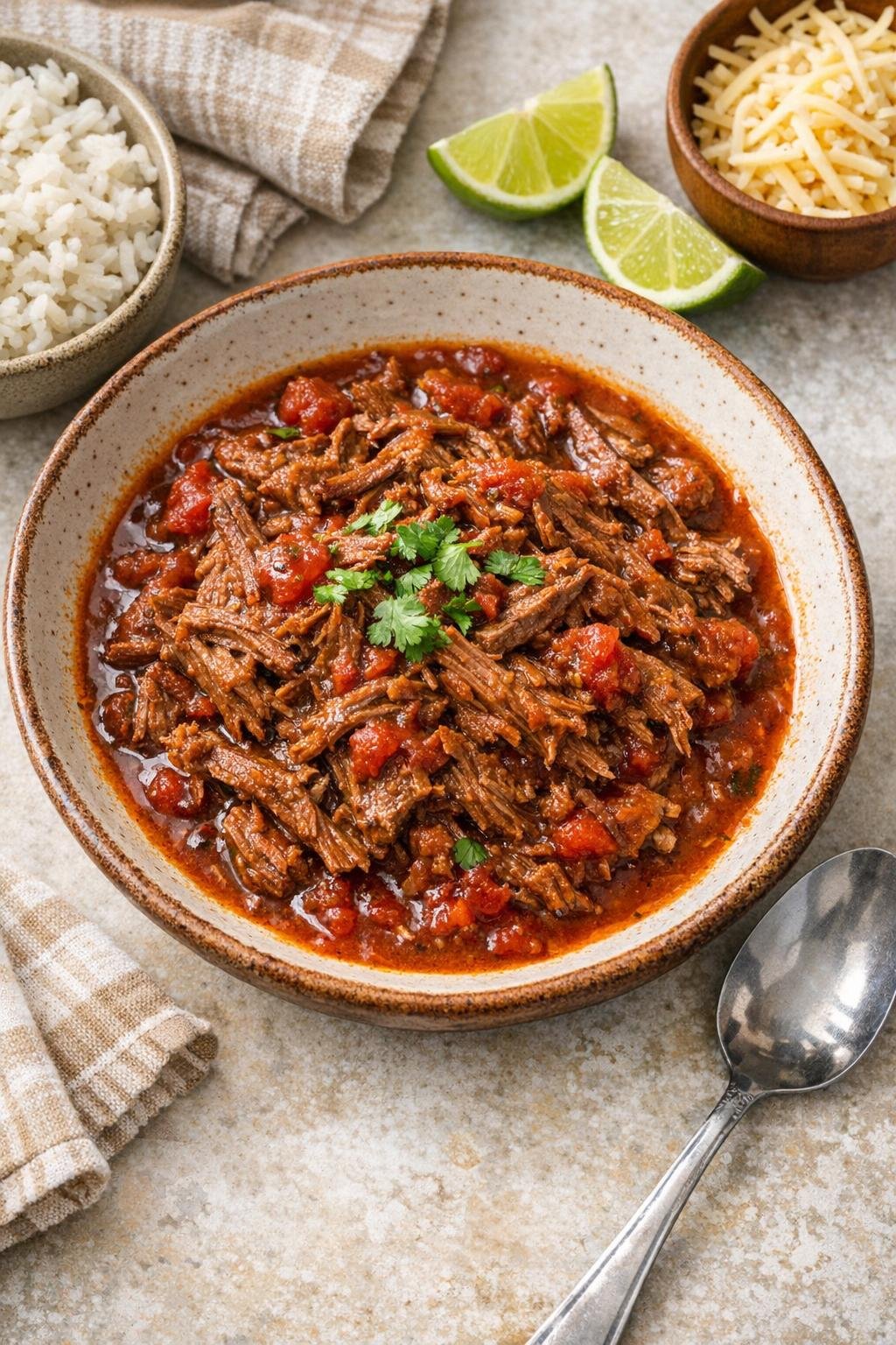 Finished slow cooker beef served in a bowl