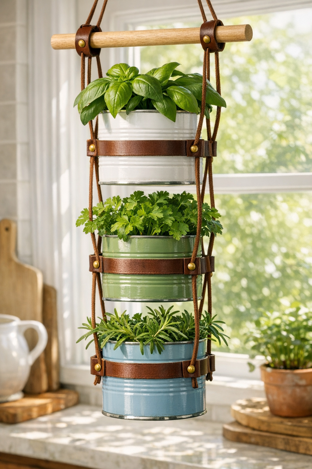 Finished hanging herb garden made from painted tin cans, leather straps, and a wooden dowel