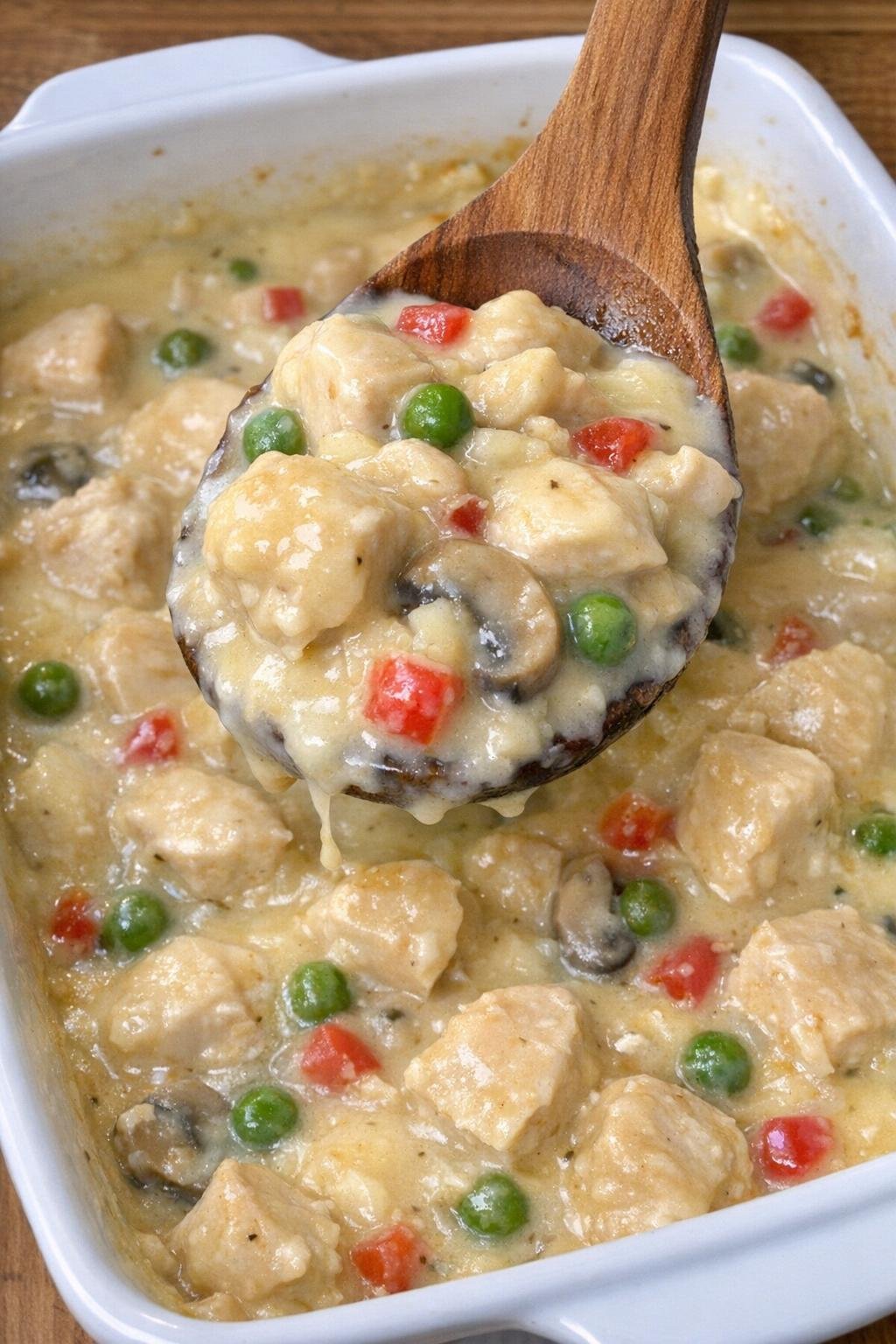 Creamy chicken casserole in a white baking dish