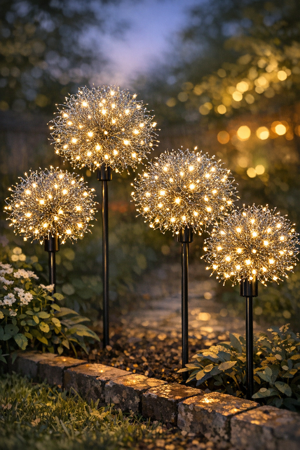 Finished glowing sparkler-style solar lights in a backyard garden at dusk