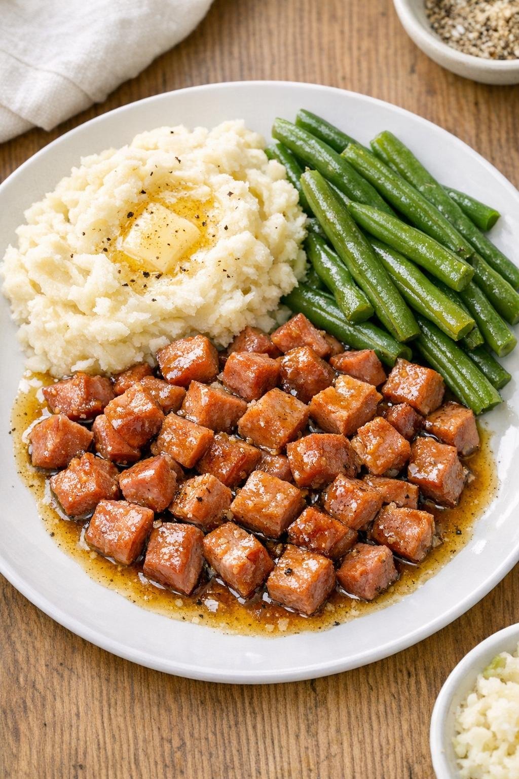 Finished plated diced ham with rich sauce